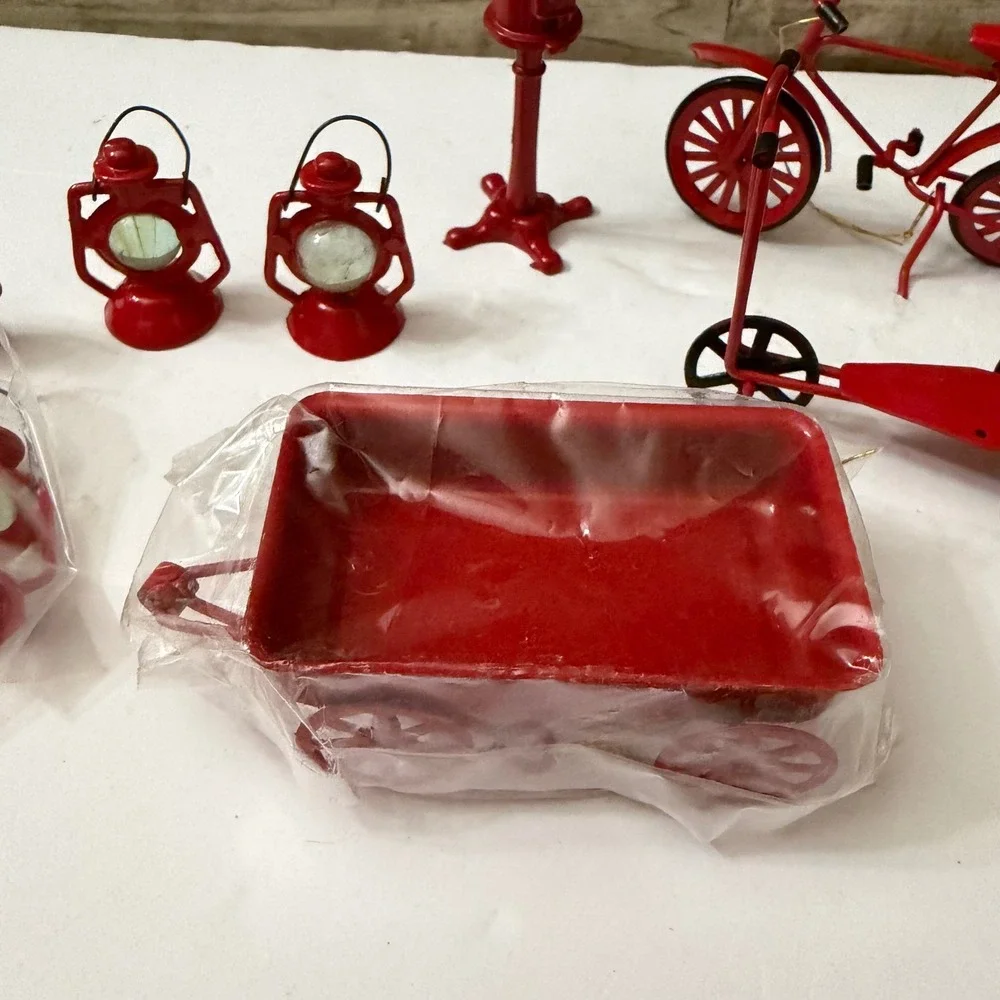 Vintage Style Miniature Red Metal Dollhouse Accessories Lot Wagon Bike Lanterns